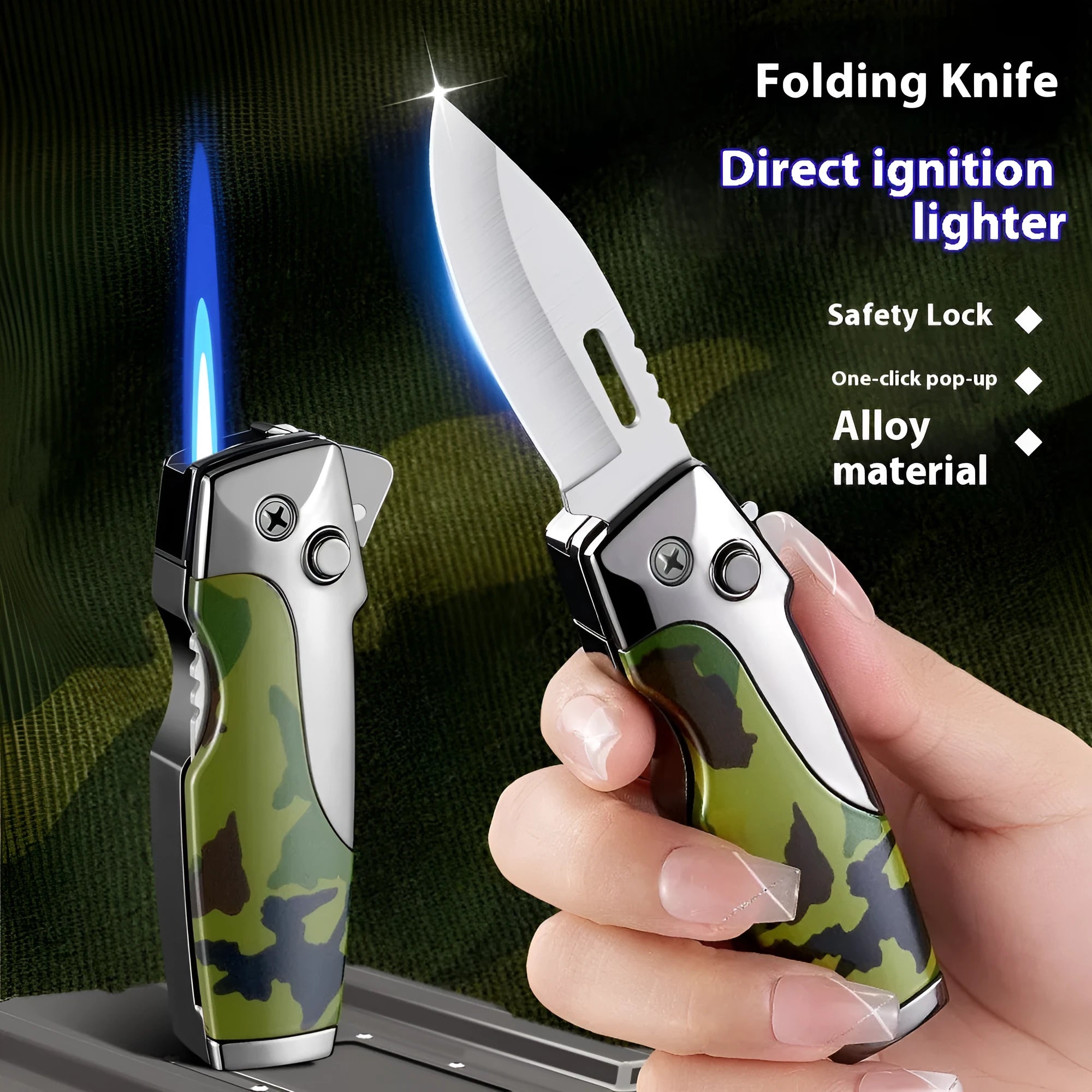 Zinc alloy metal folding lighter tool with a knife, shown in various colour and texture finishes.