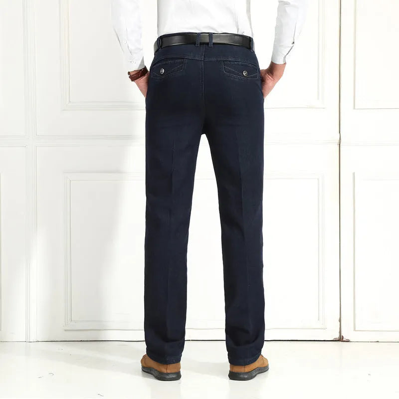 Women's velvet jeans in dark blue high-waist straight-leg cotton stretch fabric