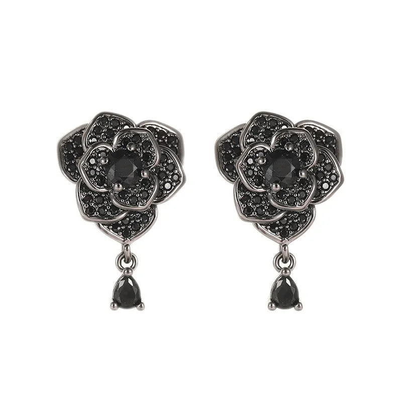 Black rose zircon stud earrings with flower shape and gold plating