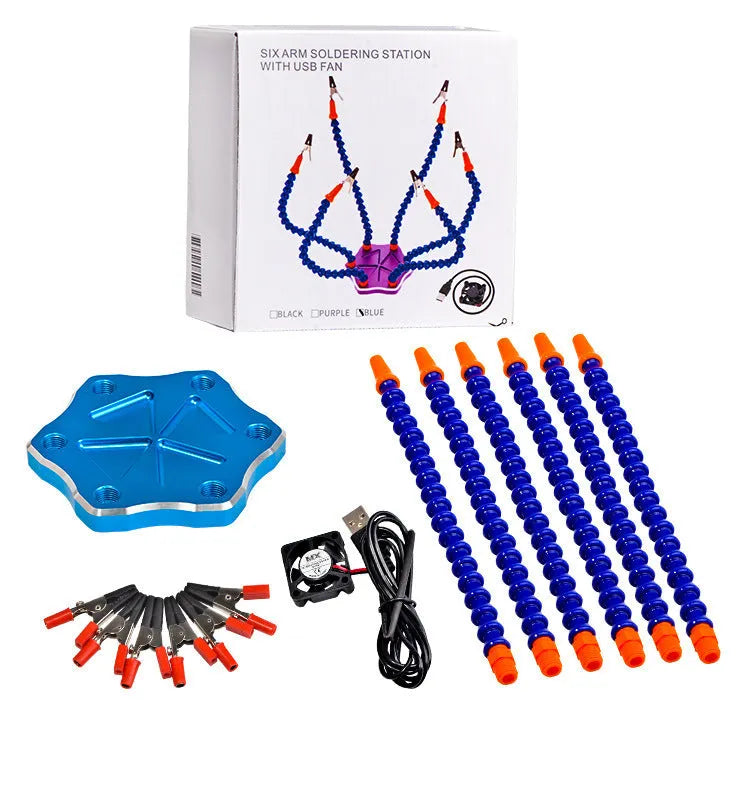Black and purple aluminium alloy six-jaw welding station with multiple arms for model repair.