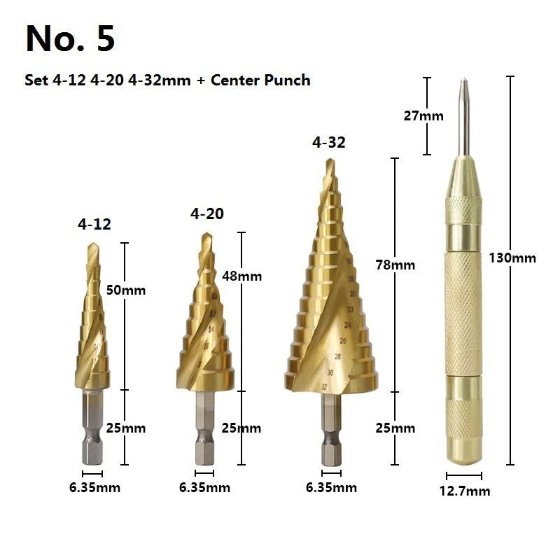 Cone step drill bit set with centre punch in high-speed steel for metalworking projects
