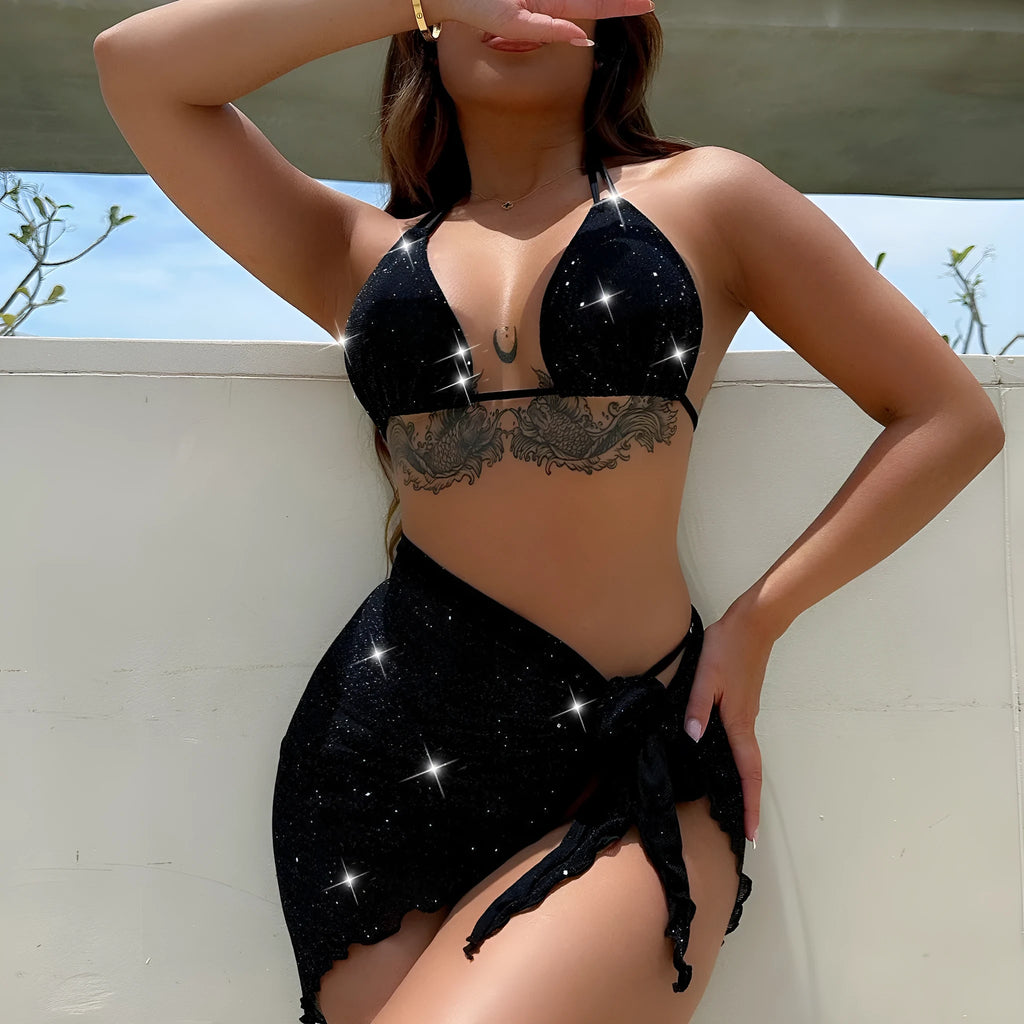 Black three-piece polyester bikini set with separate top and shorts