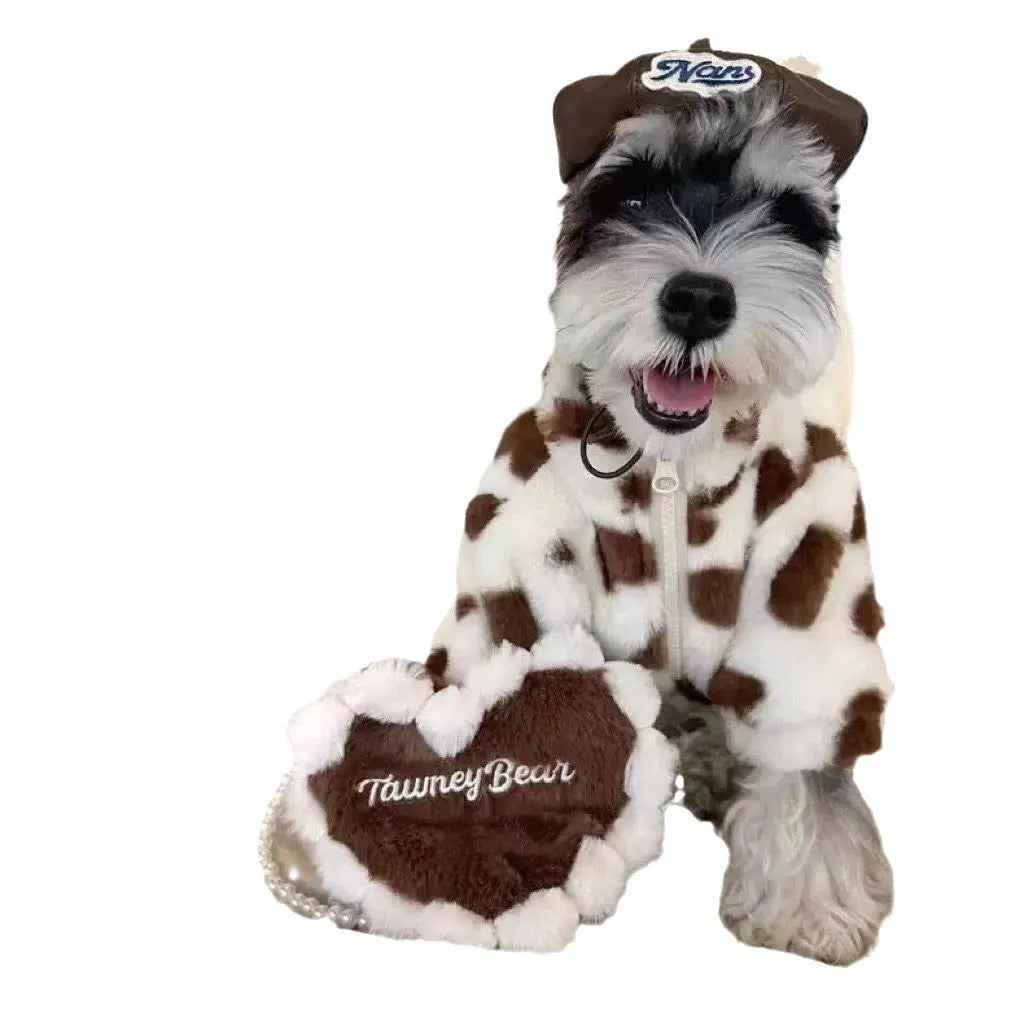British-style polyester plush warm coat for small dogs in pink or brown colours