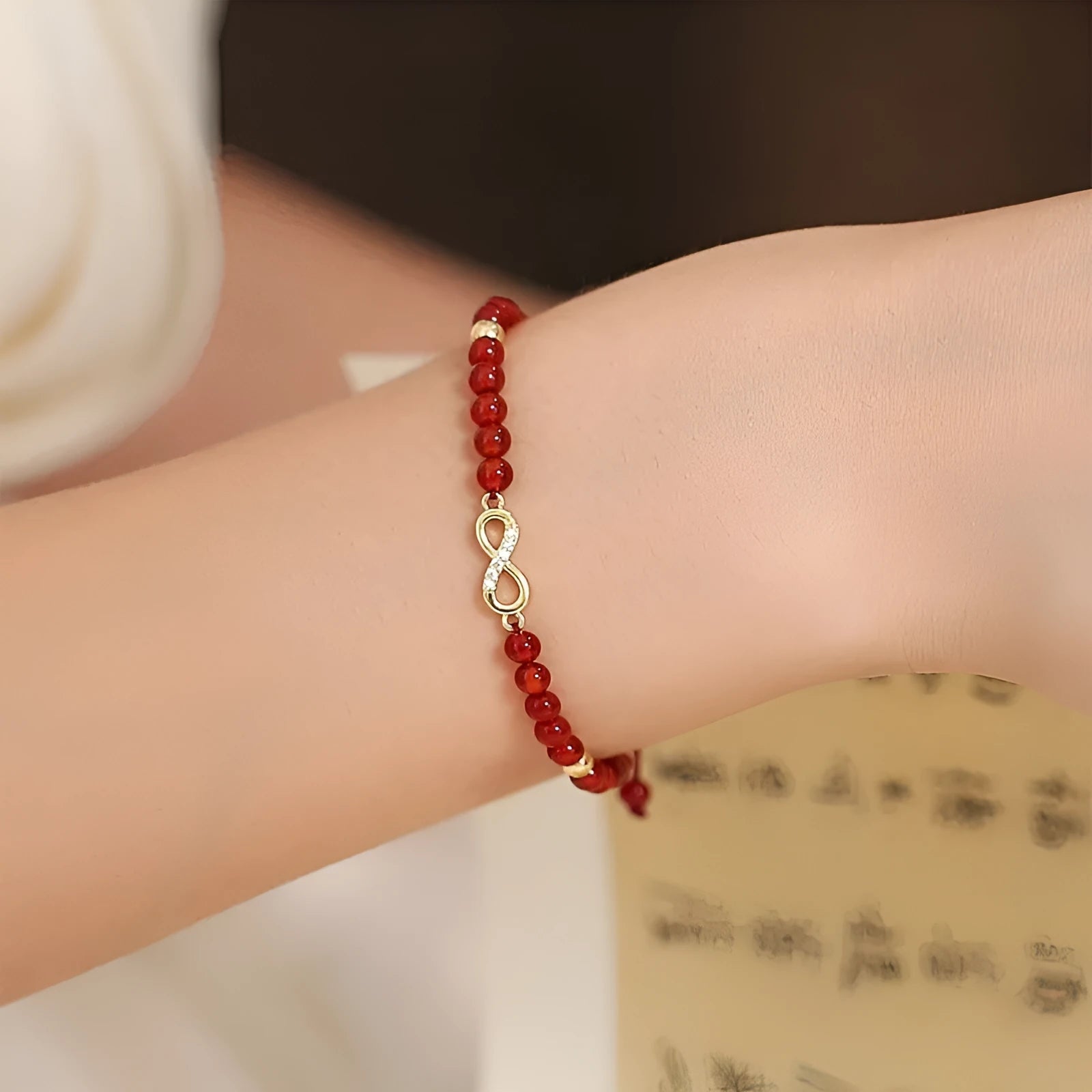 Hand-woven women's bracelet with natural red agate diamond beads in ethnic style design