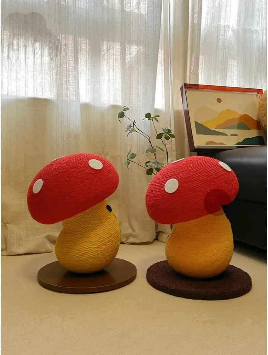 A round, mushroom-shaped foldable cat scratcher lounge board made from corrugated cardboard.