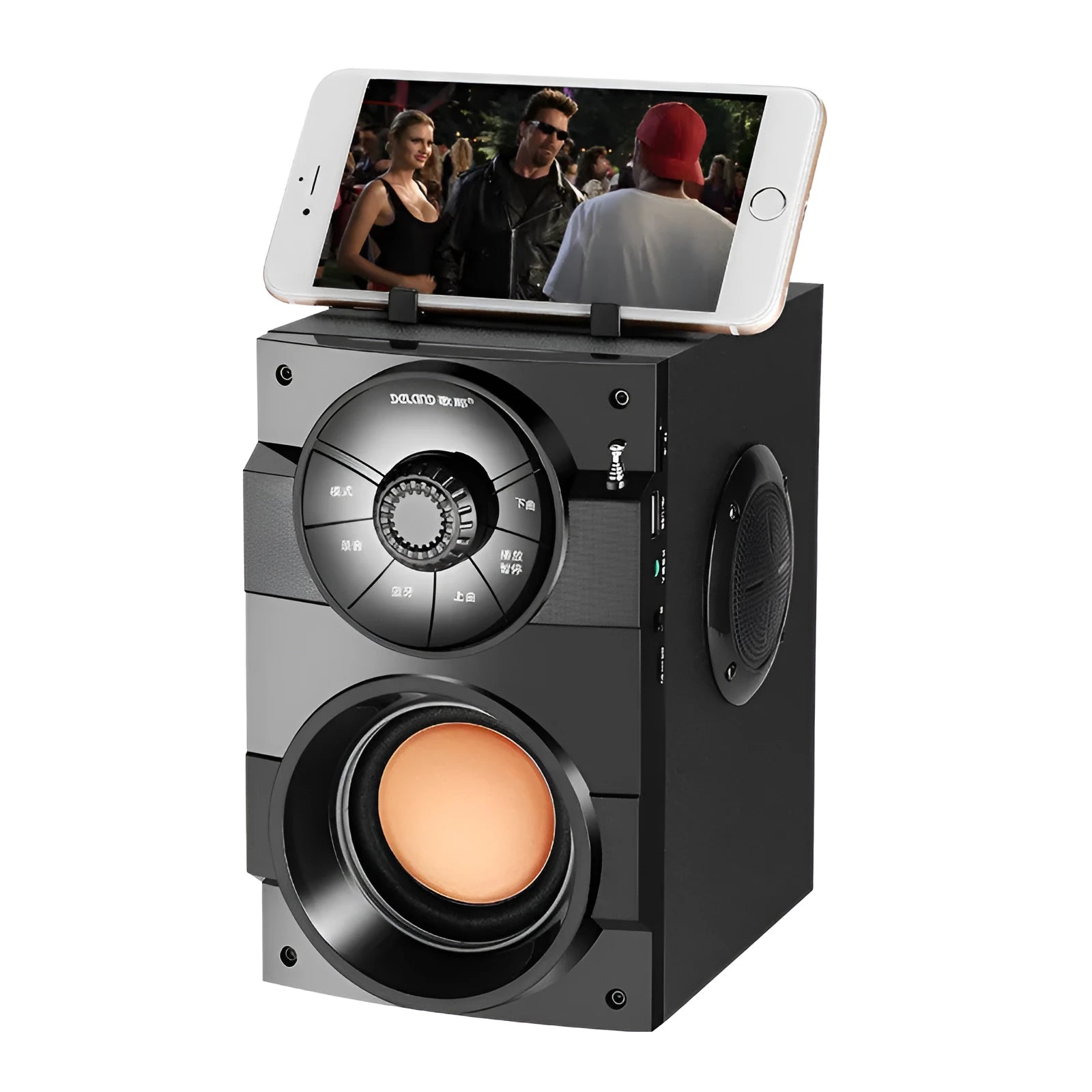 Black mini portable audio system with subwoofer, satellite speakers, and 1.2m connection cable
