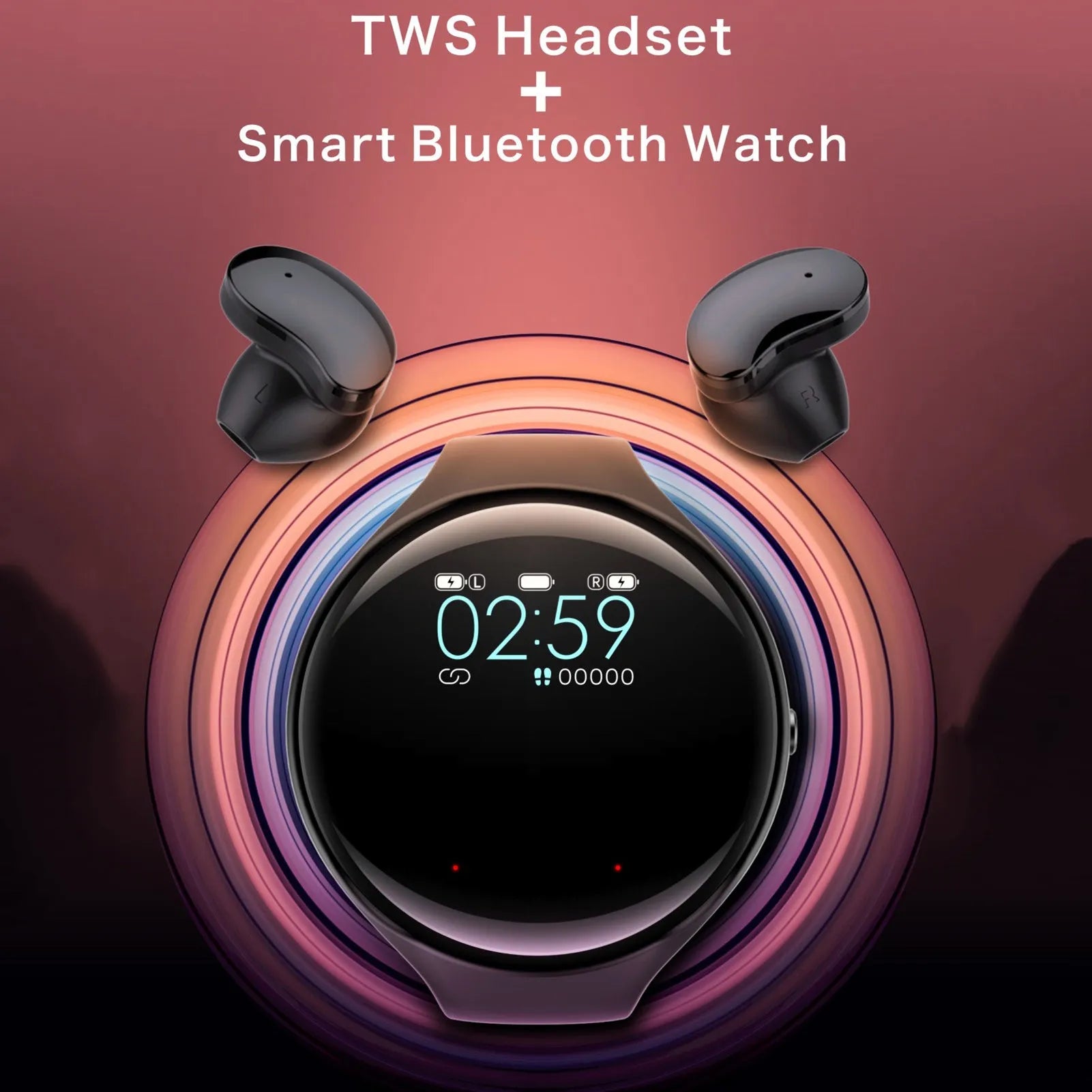 Black detachable smart watch and Bluetooth earphone combo with colour screen display