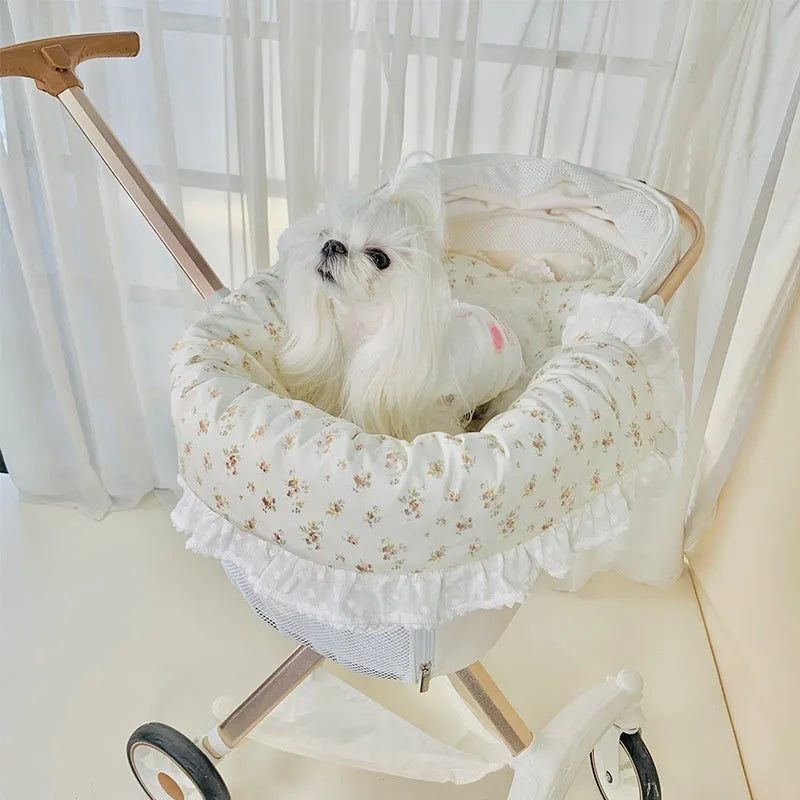 Pet stroller accessory set showing cushion, pillow and anti-dirty towel in assorted colour patterns