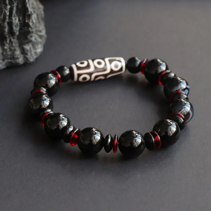 Hand-woven black agate dzi bead bracelet with 11mm geometry beads