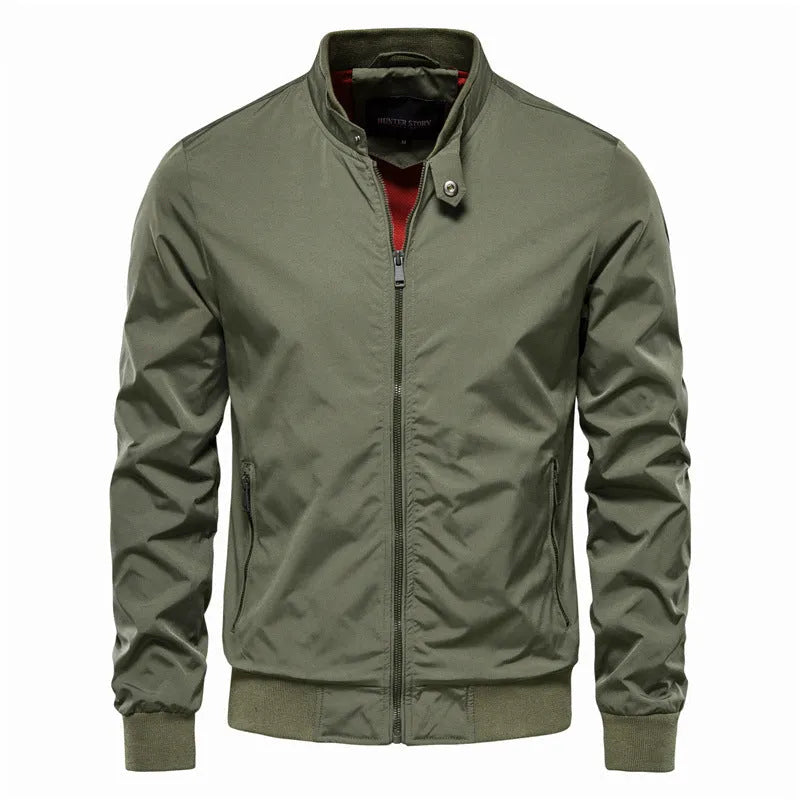 Men's thin casual jacket in solid dark blue, black, or army green colour with lightweight polyester construction