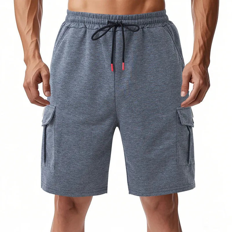 Men's loose fit cargo shorts with multiple pockets in terry fabric, shown in light grey colour