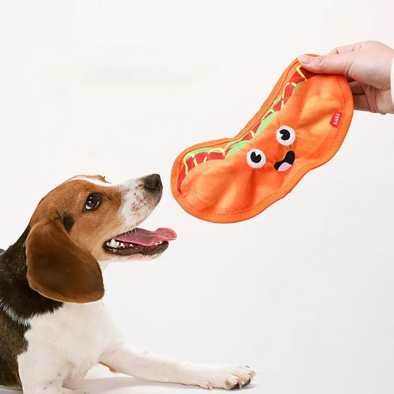 Crinkle and squeaker dog toy in hamburger shape with no stuffing