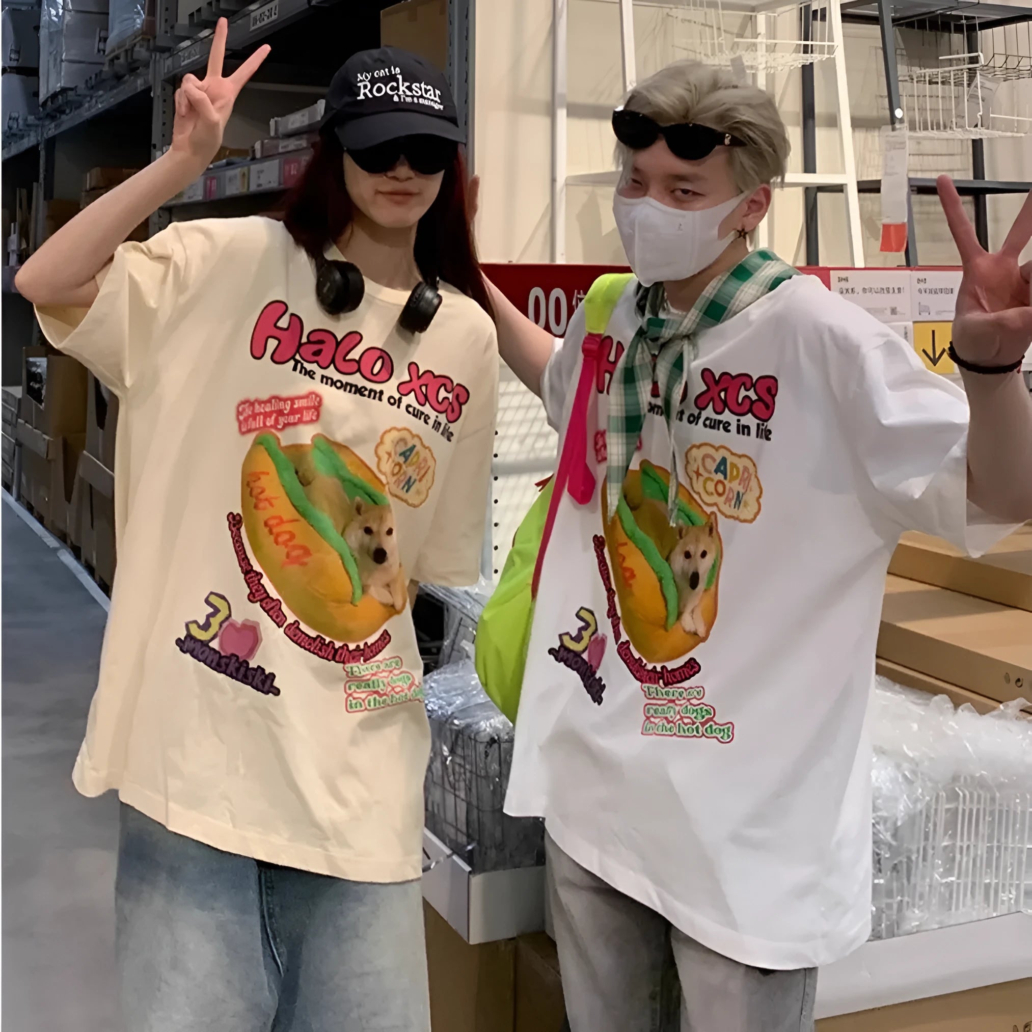 Cotton couple's t-shirt with cartoon hamburger dog print in short sleeve round neck style