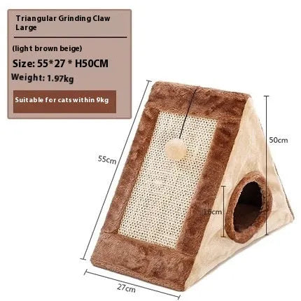 Grey and white triangular cat scratching post and bed with sisal fabric sides and a soft plush platform.