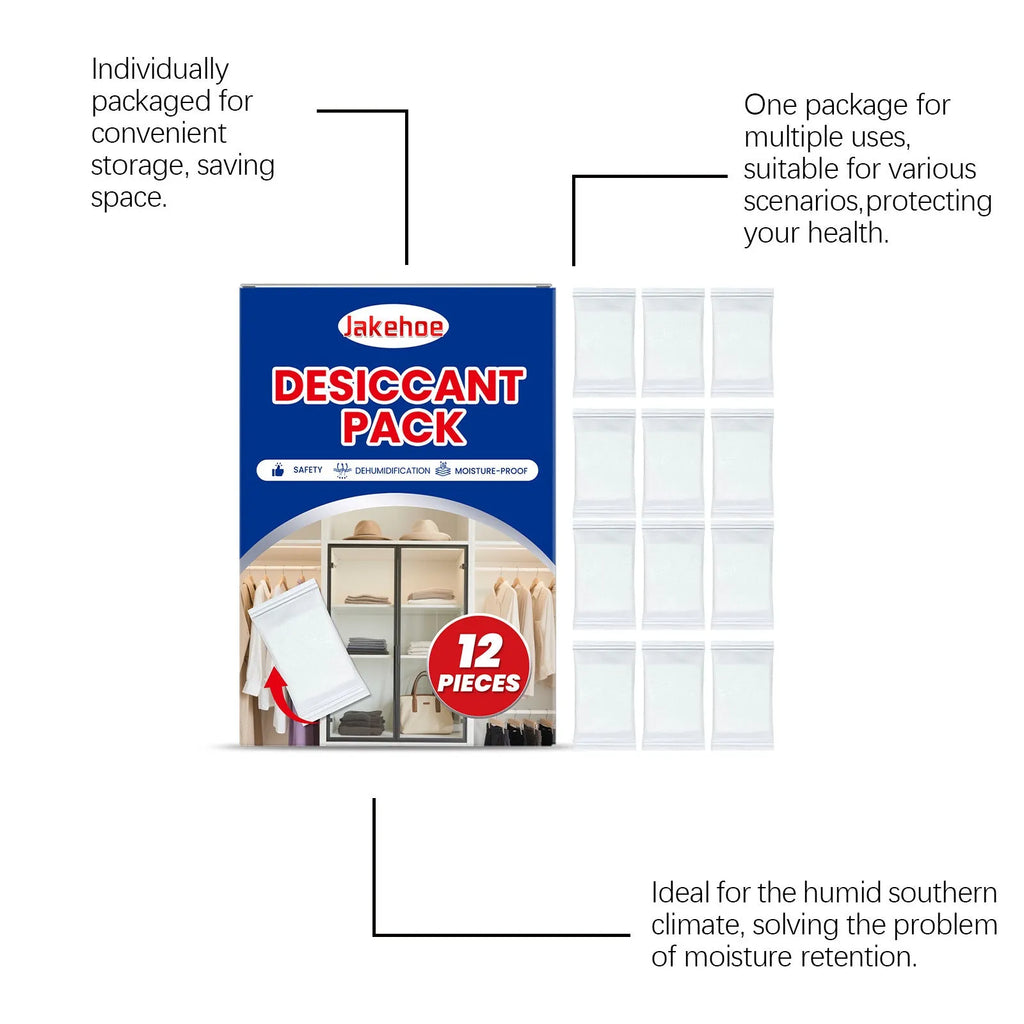 Pack of 12 calcium chloride and wood pulp desiccant units for household moisture and odor control.