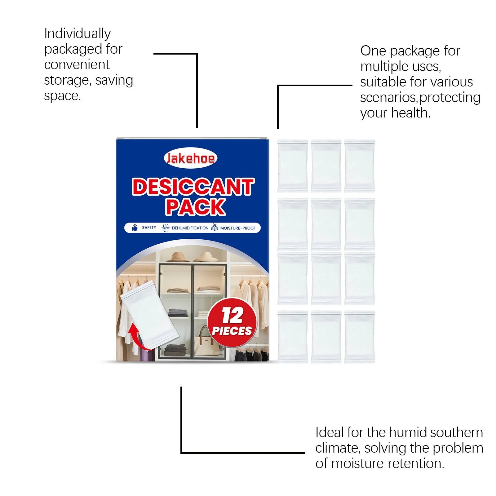 Pack of 12 calcium chloride and wood pulp desiccant units for household moisture and odor control.