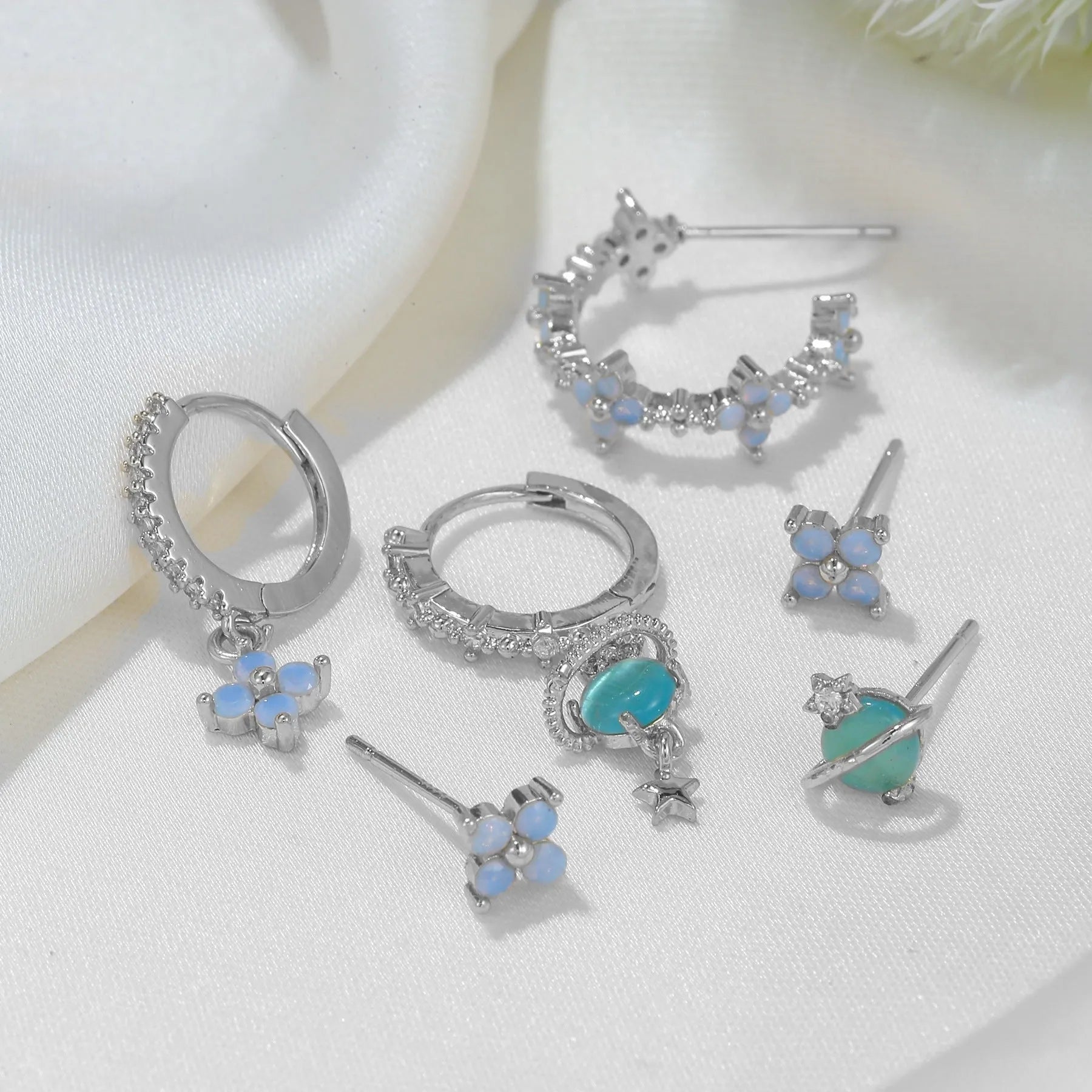 Gold and silver floral geometric stud earrings with zircon mosaic detail, Japanese Korean style.