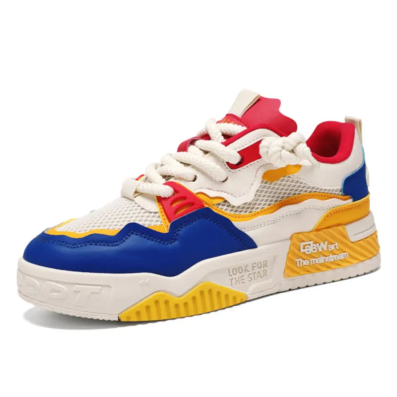Men's low-top white board shoes with soft rubber sole in beige, white and black, and white and yellow colour options.