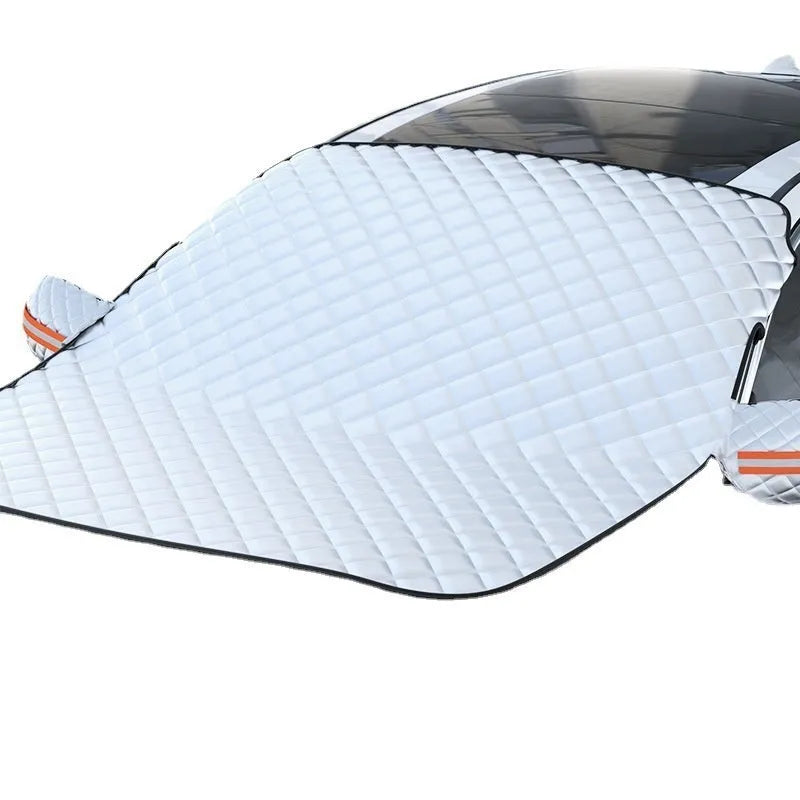 Large aluminium foil winter car cover for SUVs with reflective edges and five magnets.