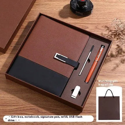 A5 business notebook with PU leather cover in brown, black, green, blue, or red, alongside a luxury gift box.