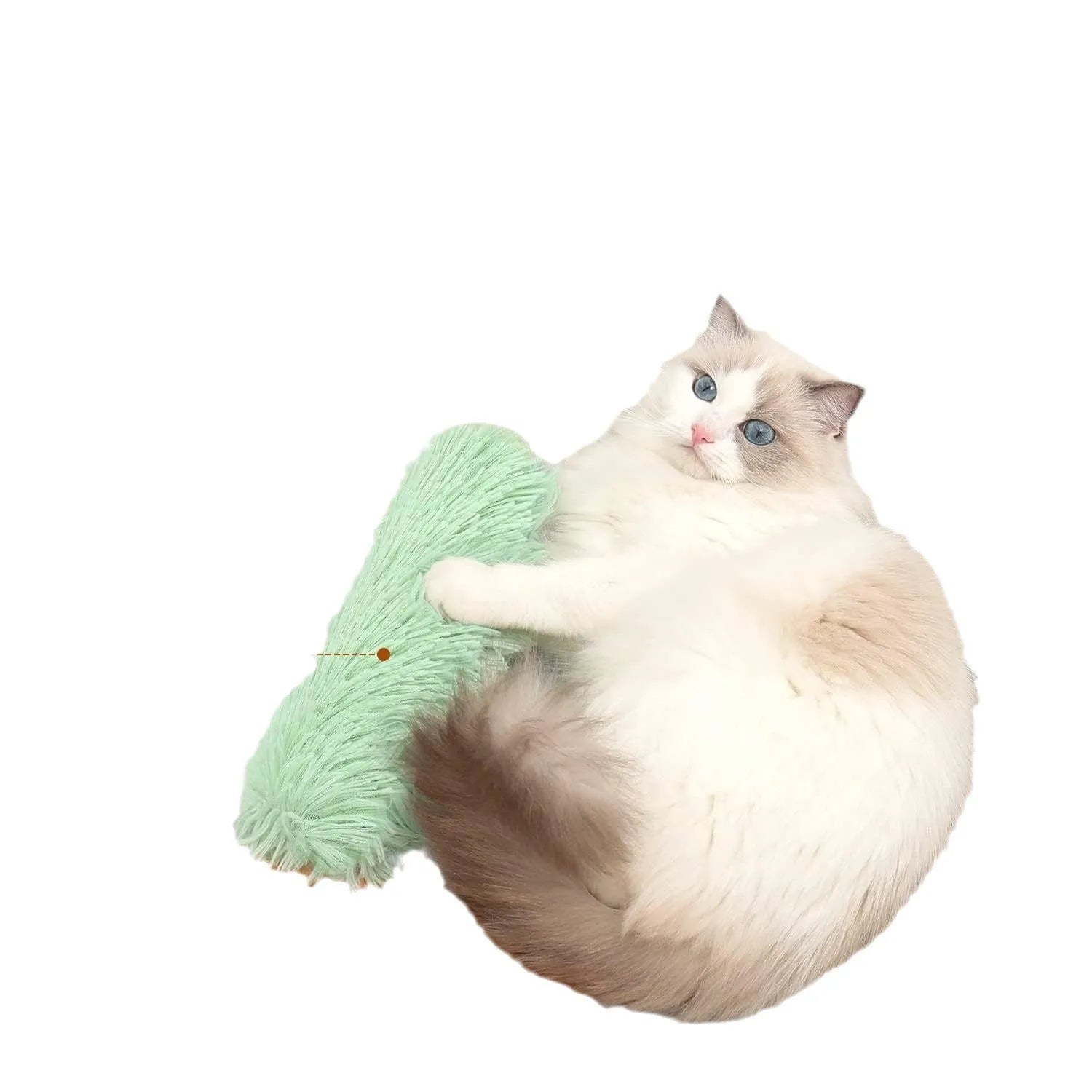 Cat plush toy pillow in blue, green, pink, and white colours measuring 27cm by 10cm