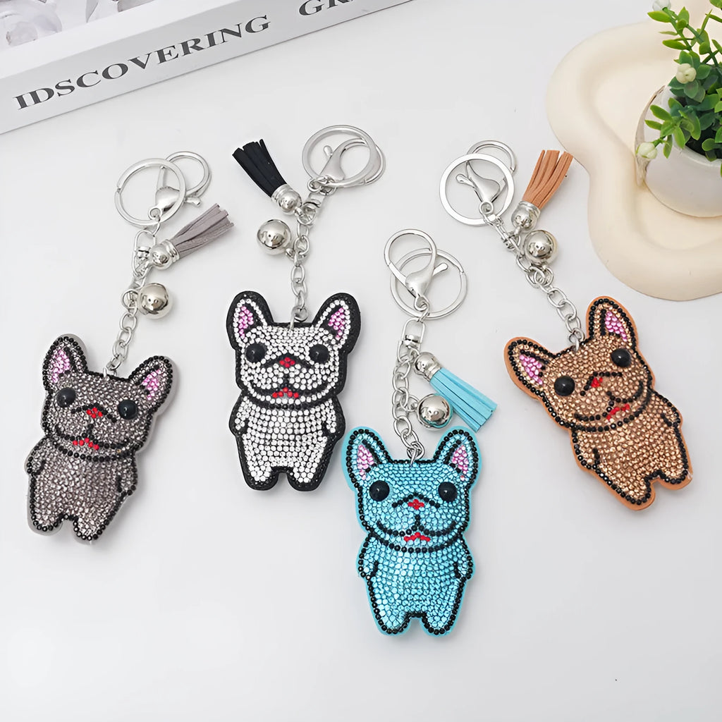 French dog rhinestone keychain with cartoon bear design in electroplated alloy