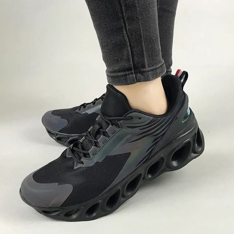 Men's low-top black mesh casual sports shoes with white laces and a light EVA sole.