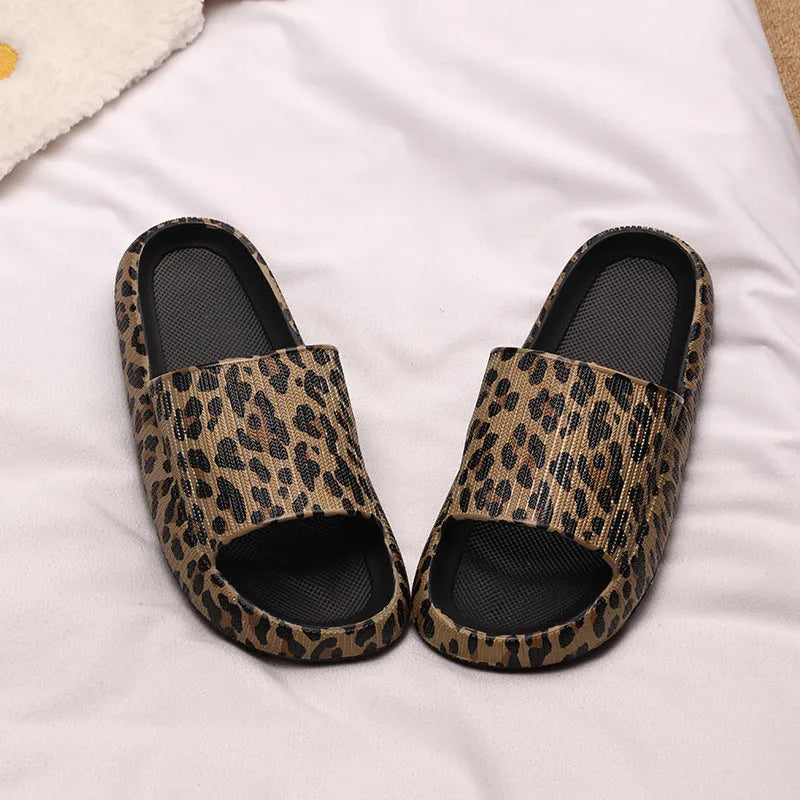 Women's leopard print EVA slippers with a thick sole, shown in multiple colour options.