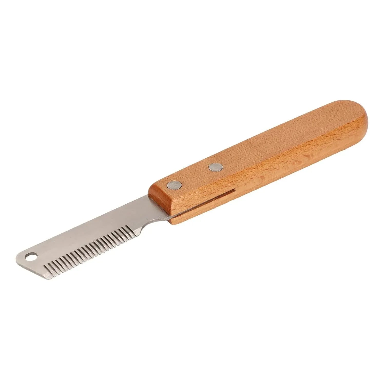 Wooden handled pet stripping comb grooming tool for dogs and cats on a table.