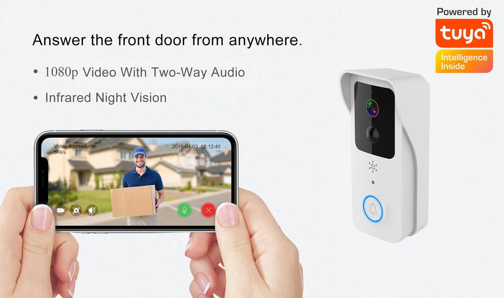 Black or white smart visual doorbell with camera, button, and waterproof casing for outdoor mounting.