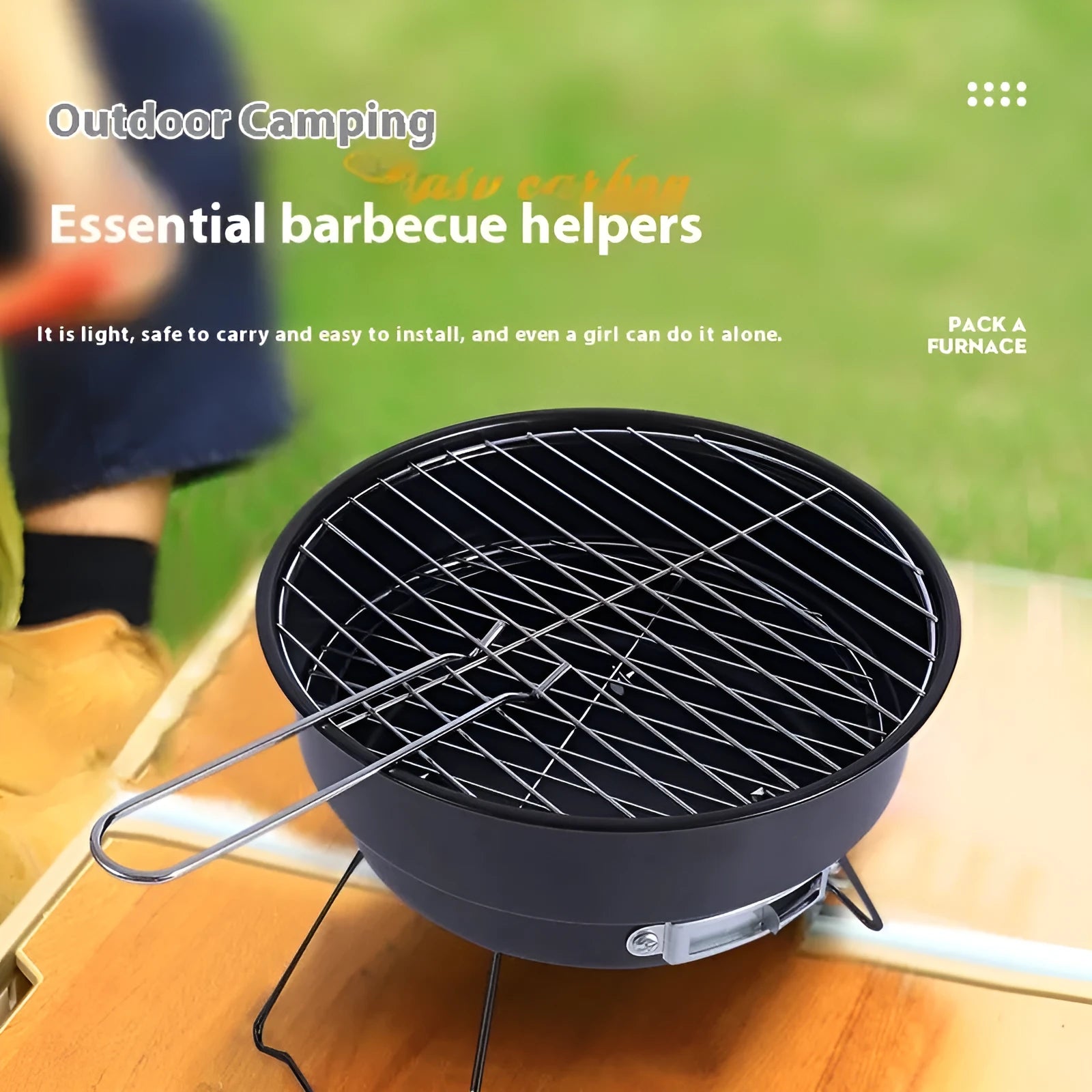 Small folding round ice stove with mesh, legs, grill, and clip for camping