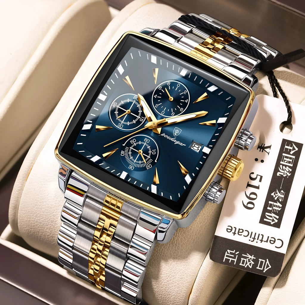 Men's square dial business watch with stainless steel strap on wrist, showing gold and blue colour option.