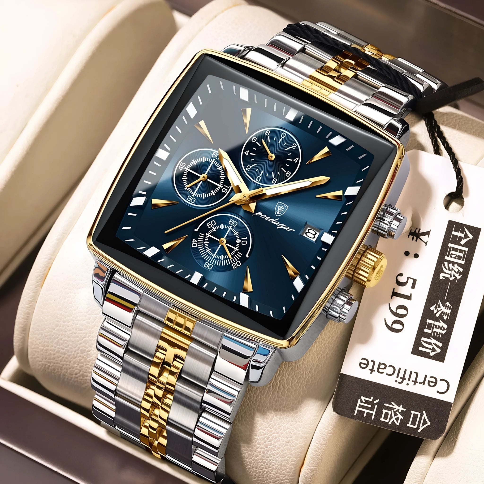 Men's square dial business watch with stainless steel strap on wrist, showing gold and blue colour option.