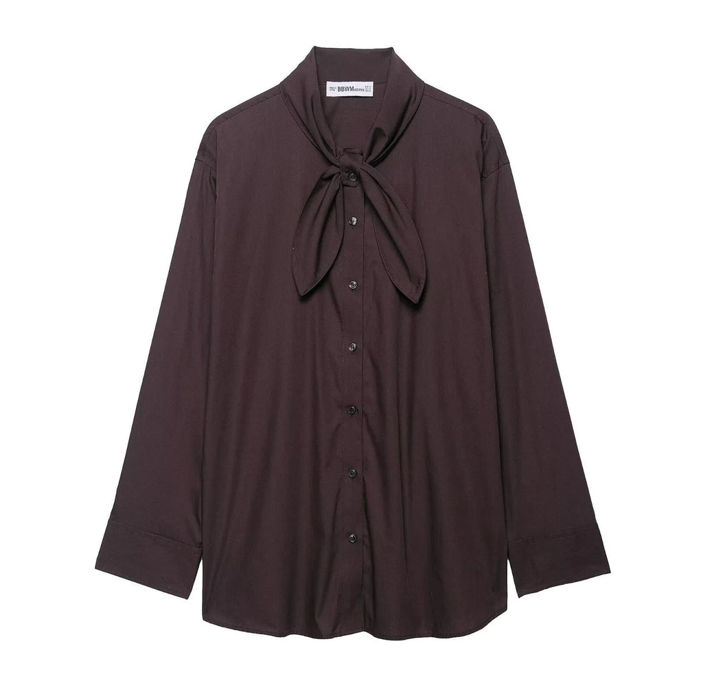 Brown women's poplin shirt with scarf detail and bow tie in cardigan style