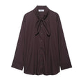 Brown women's poplin shirt with scarf detail and bow tie in cardigan style