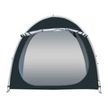 Large black outdoor bicycle storage tent sheltering multiple bikes