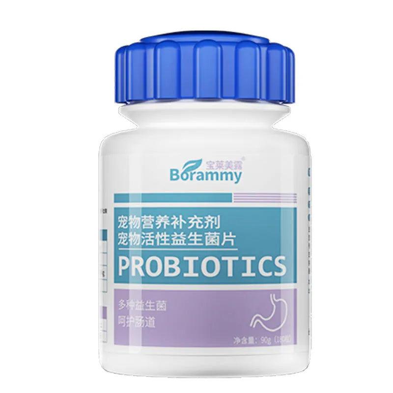 Bottle of pet probiotic tablets labelled 180 count for dog and cat digestive health
