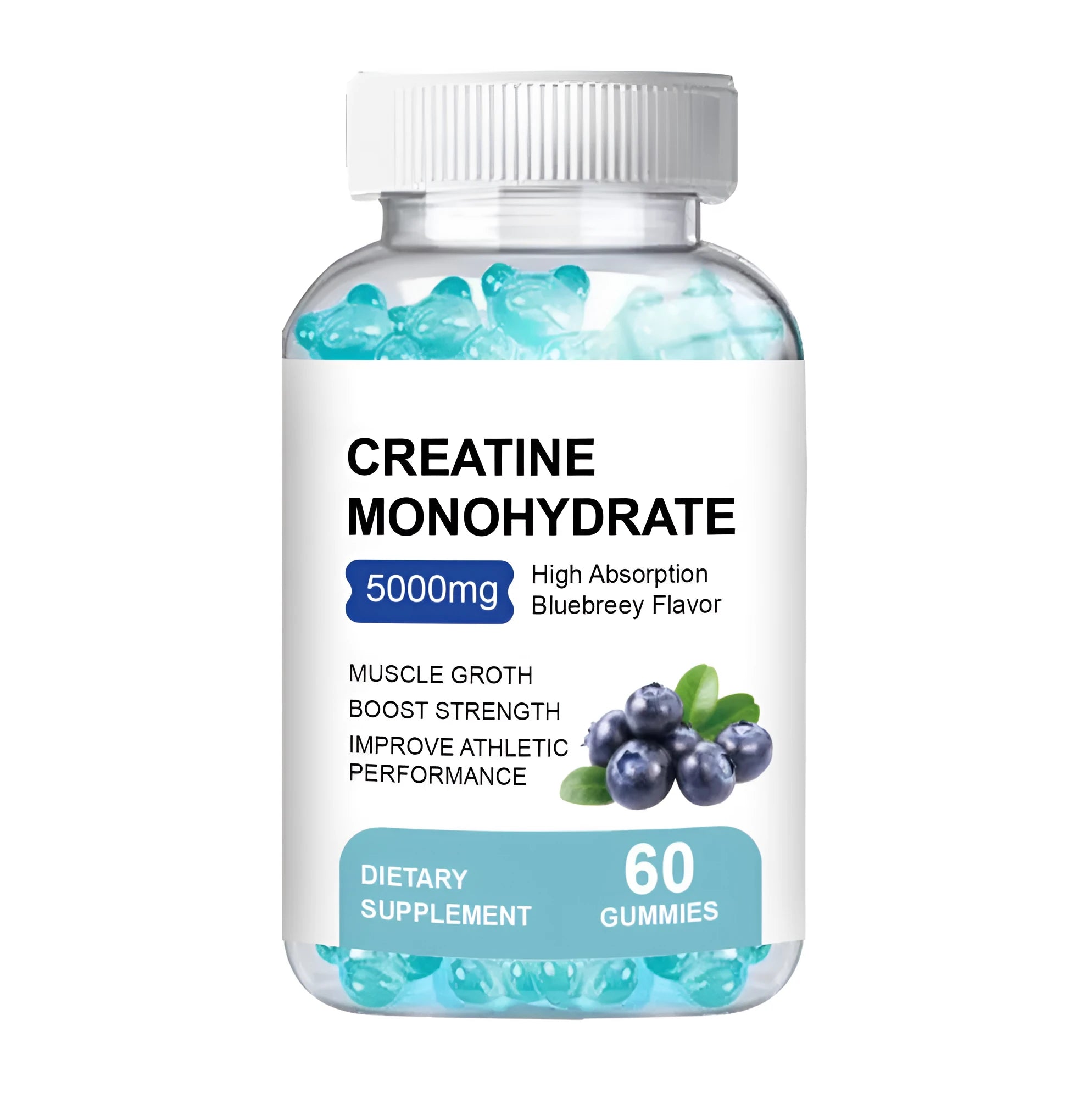 Container of 60 creatine monohydrate supplement gummies with soft candy format
