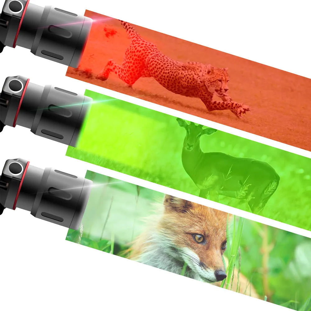Rechargeable T6 LED zoom headlamp showing white, red, and green light modes on a head strap.