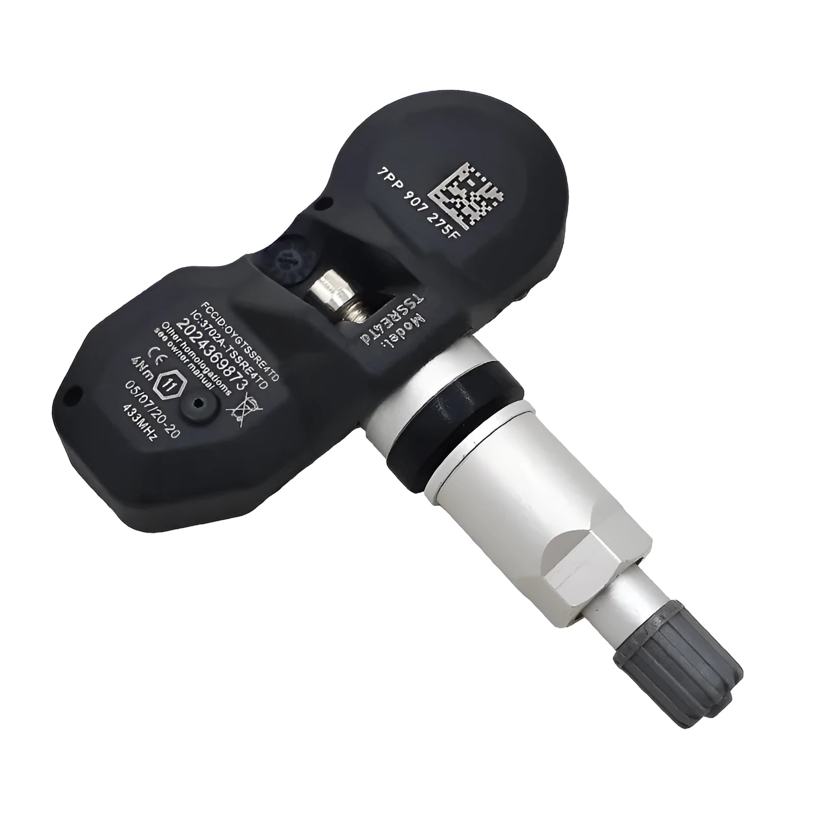 Black Audi tyre pressure monitor sensor for TPMS replacement with wireless transmission