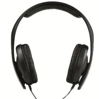 Black head mounted monitor headphones with microphone and 3.5mm plug