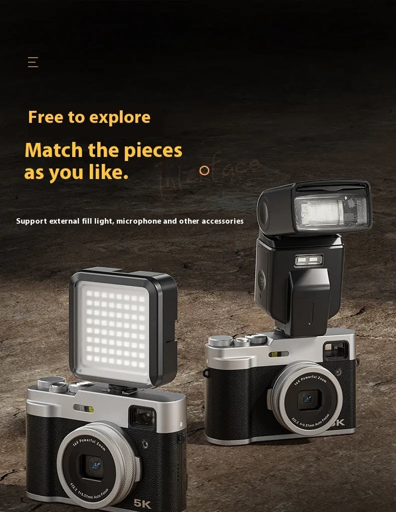Black or brown 5K digital camera with front and rear lenses, optical viewfinder, and 2.88-inch screen