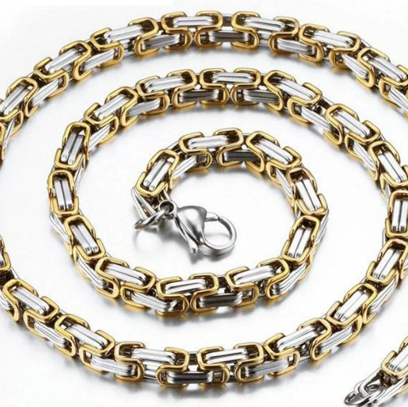 Stainless steel punk necklace with 5mm chain in steel finish on black background