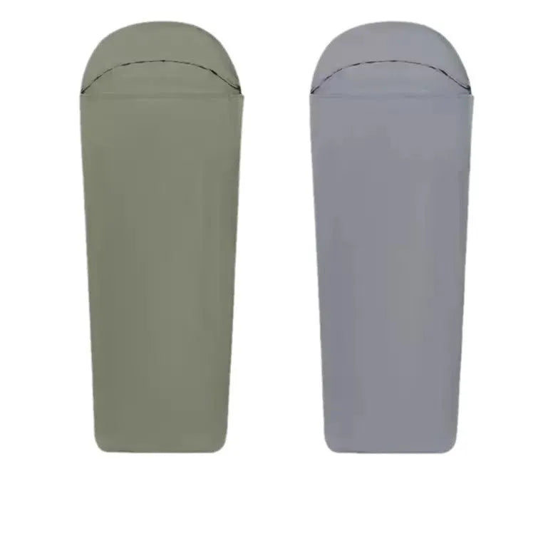 Blue and green nylon mummy camping sleeping bag with plaid lining and compact folded dimensions