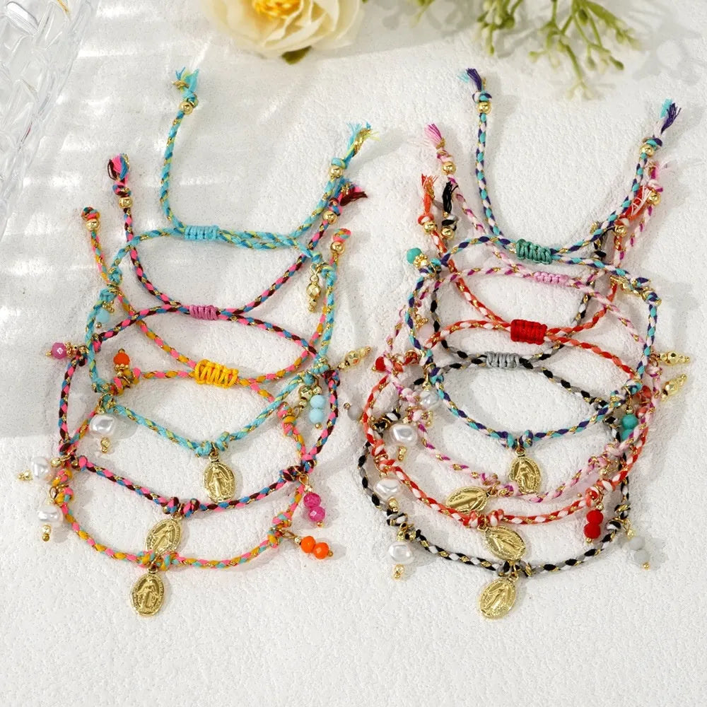 Hand-woven colourful braided rope bracelet with ethnic strap tag design for women