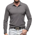 Men's long sleeve cotton T-shirt with a polo collar in American Retro style, shown in Army Green.