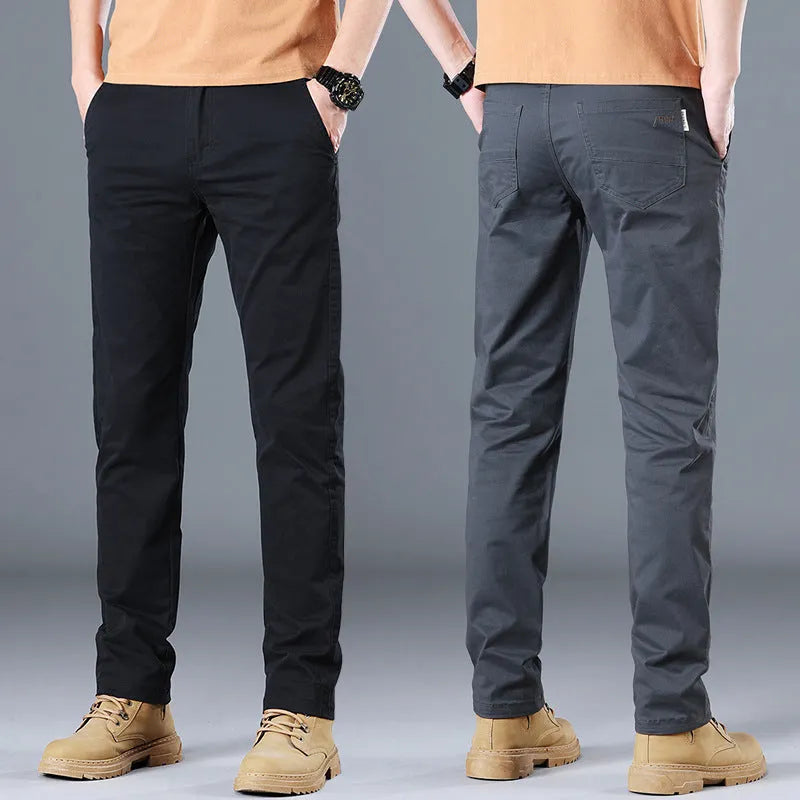 Men's casual pants pure cotton solid colour mid-rise zipper fly Black Gray Khaki