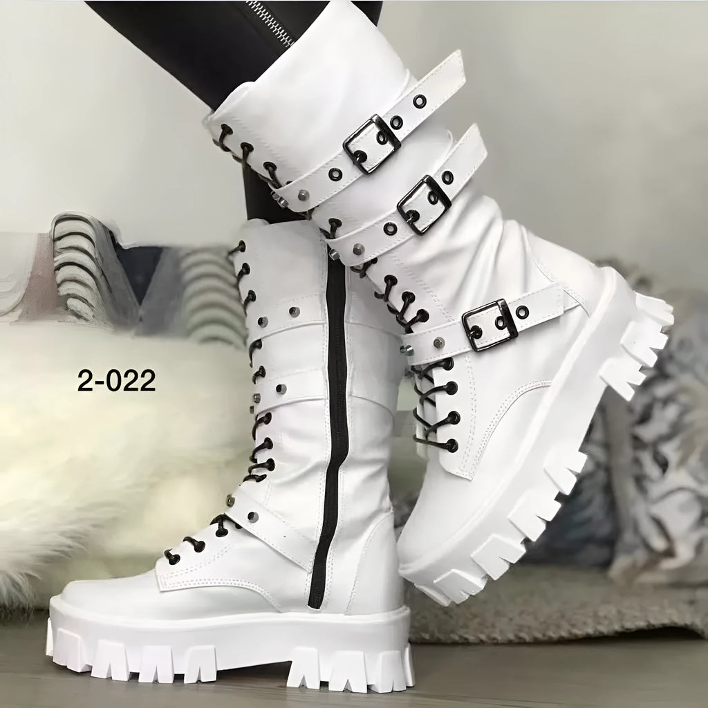 Black women's mid-calf boots with a large metal buckle and side zipper, featuring a round toe.