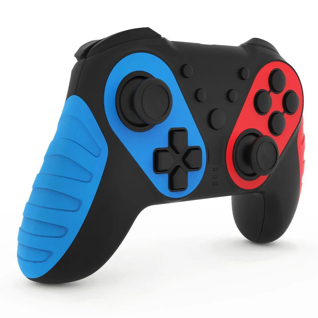 Red and blue wireless Bluetooth gamepad for Nintendo Switch and PC on a grey background.