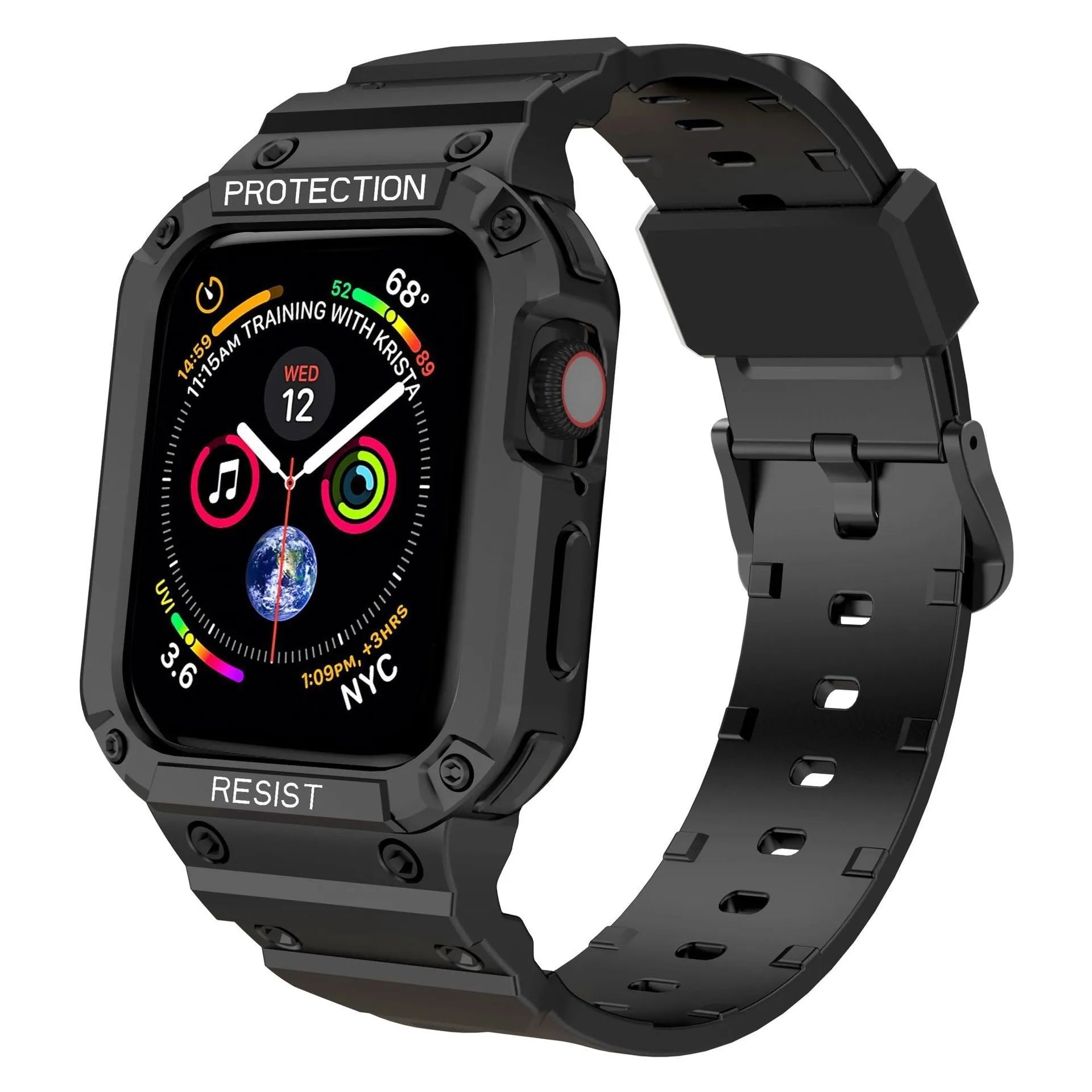 Soft TPU Apple Watch sport strap in multiple colours on a white background, showing 38mm and 42mm size options.
